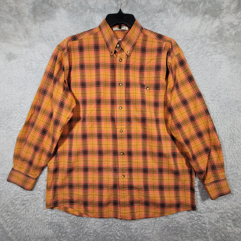 Orvis Plaid Button Down Shirt Mens Large Orange Brown Long Sleeve Cotton *